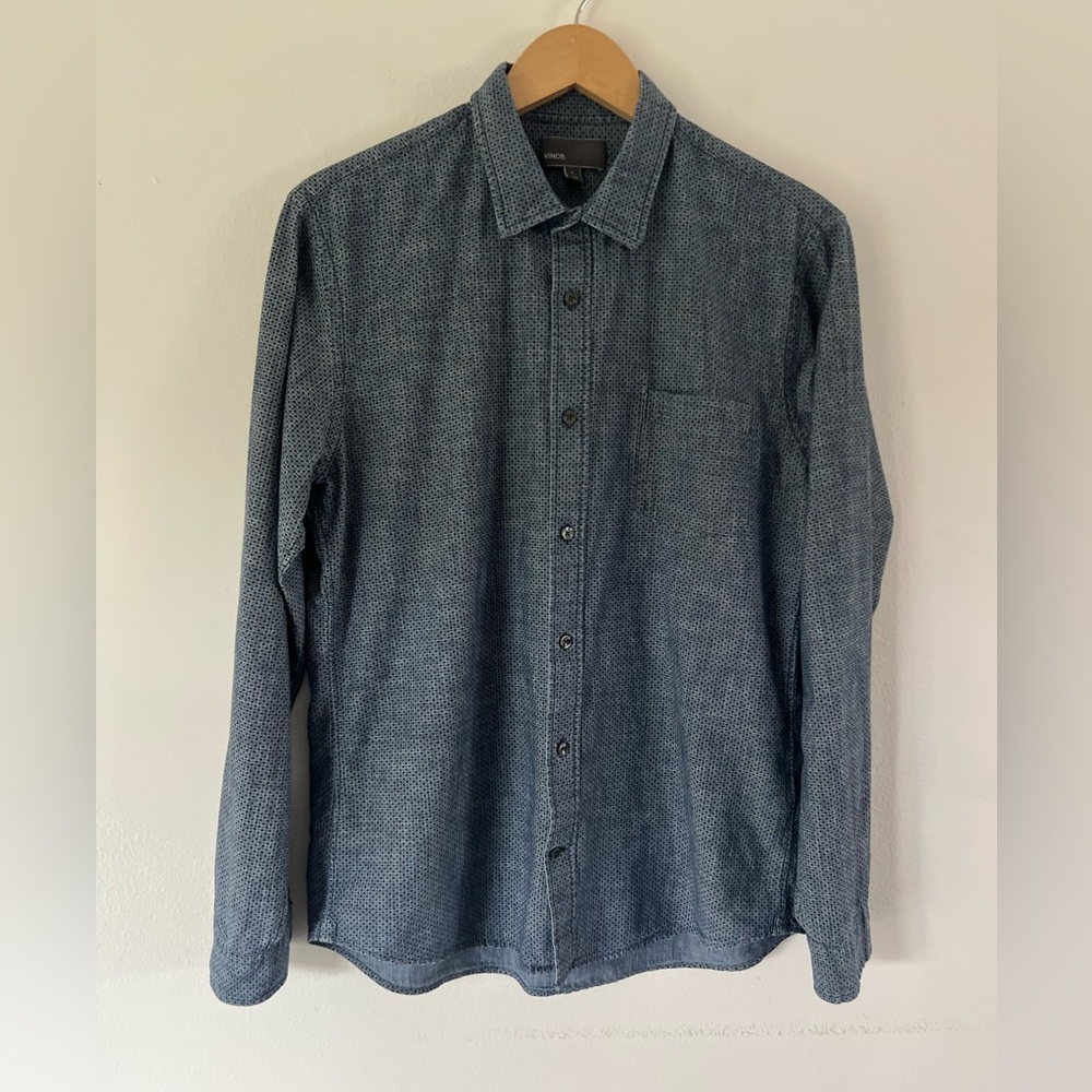 Vince Button-Up Blue‎ Polka-Dot Pattern Cotton Collared Shirt Size Large